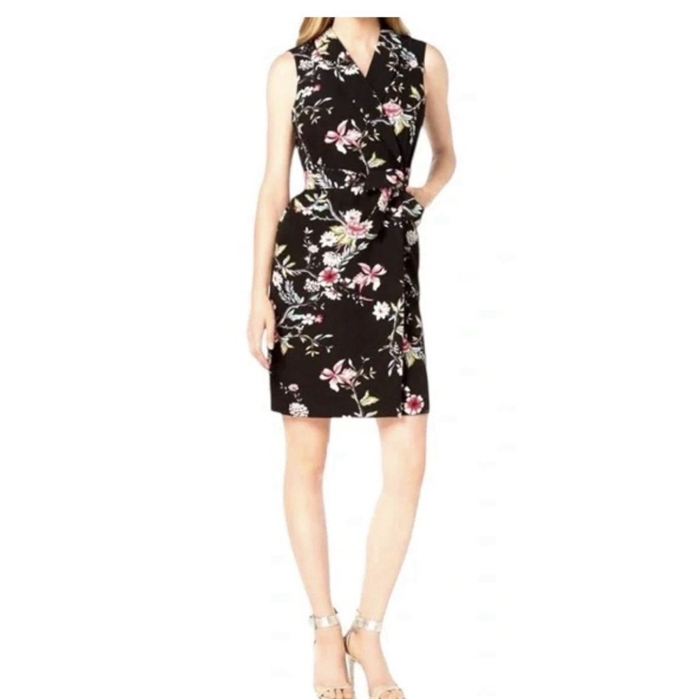 Calvin Klein Women's Wrap Dress 2 Black Floral Belted Sleeveless Collared New